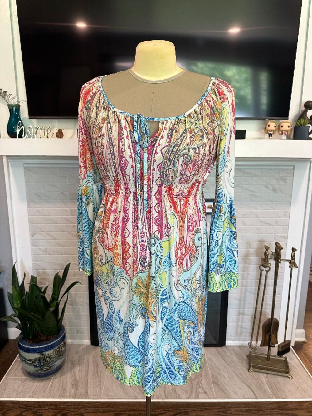 Boston Proper - Women's Paisley Boho Knee Length Bell Sleeves Dress - Size 8